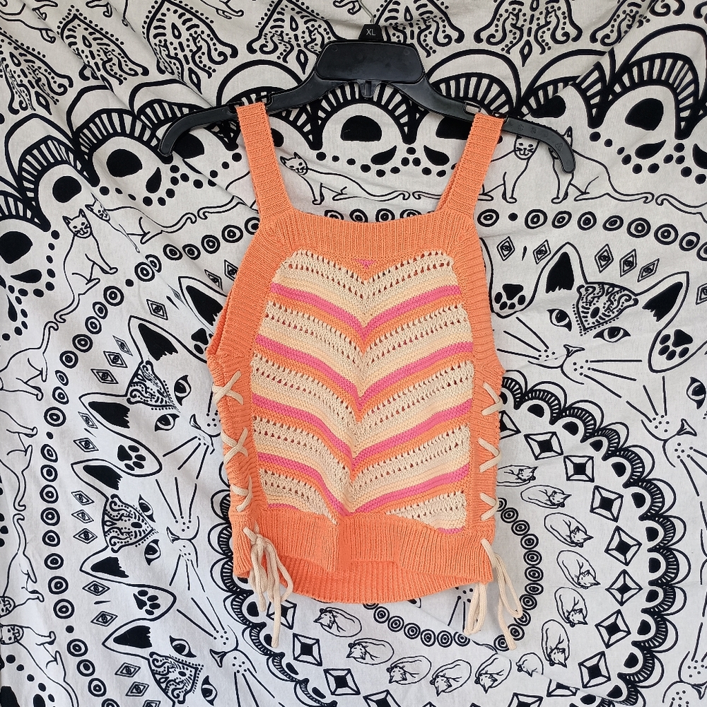 BCBG Orange Crochet Striped Lace Up Tank Top‎ - Picture 5 of 5